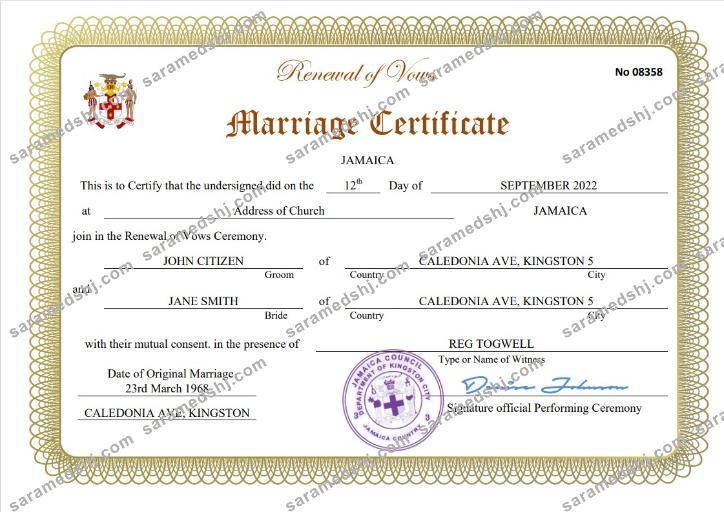 Jamaica marriage certificate Word and PDF template